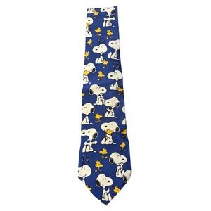 Vintage Peanuts Snoopy & Woodstock 100% Silk Necktie Blue